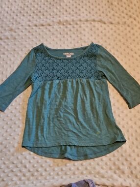 Cherokee Teal Green Crochet Yoke 3/4 Sleeve Top